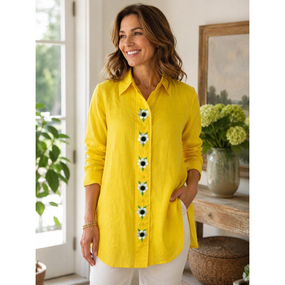 Bob Mackie Vintage Wearable Art Women's Yellow Cotton with Daisies Blouse Size M